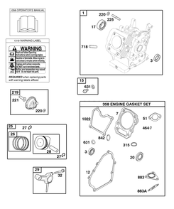 Cylinder, Gasket Set-Engine, Operator's Manual, Piston, Rings, Connecting Rod, Warning Label Diagram and Parts List for 86432-0136-E1  Briggs and Stratton Engine